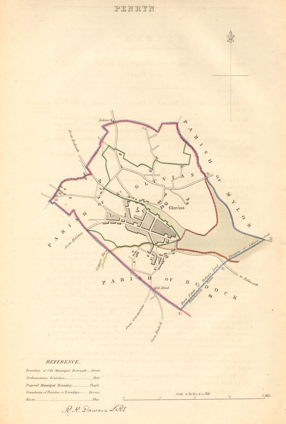 PENRYN borough/town plan. BOUNDARY COMMISSION. Cornwall. DAWSON 1837 old map