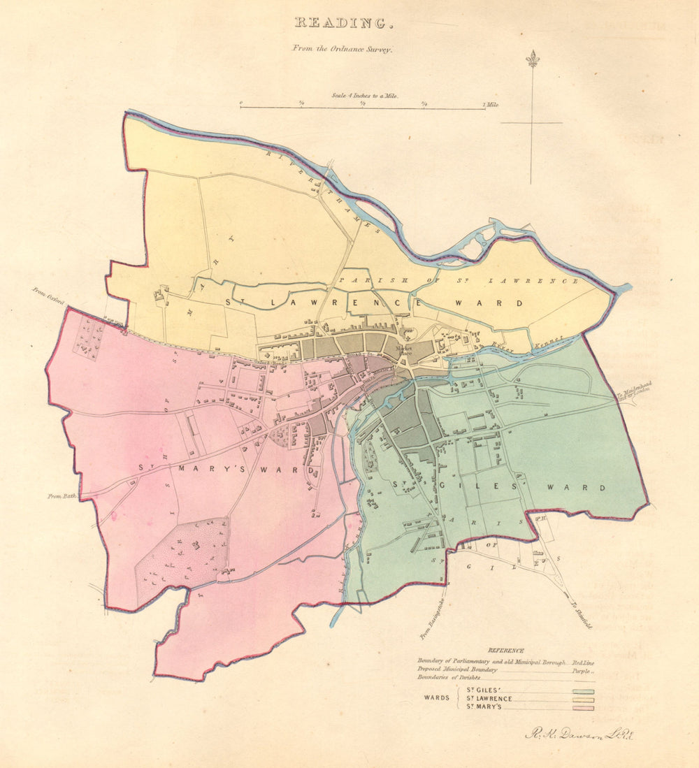 READING borough/town plan. BOUNDARY COMMISSION. Berkshire. DAWSON 1837 old map