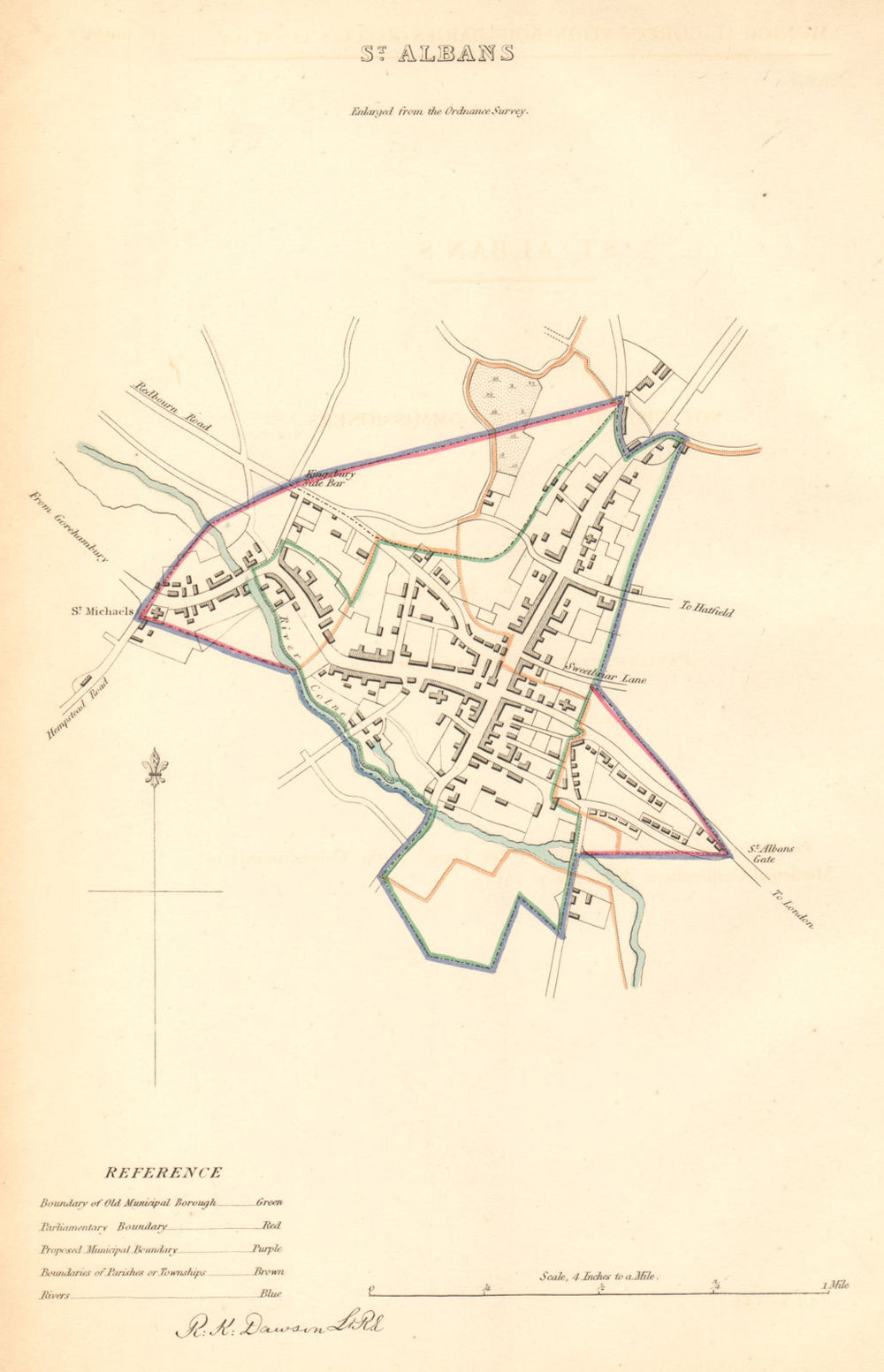 ST ALBANS borough/town plan. BOUNDARY COMMISSION. Hertfordshire. DAWSON 1837 map