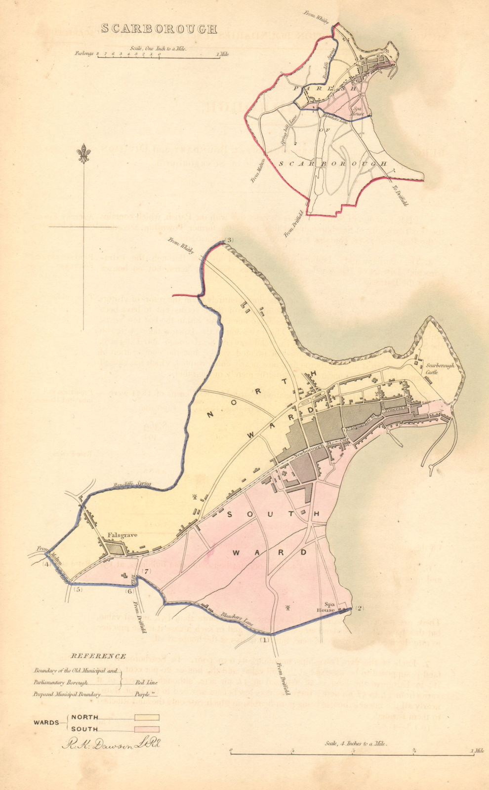 SCARBOROUGH borough/town plan. BOUNDARY COMMISSION. Yorkshire. DAWSON 1837 map