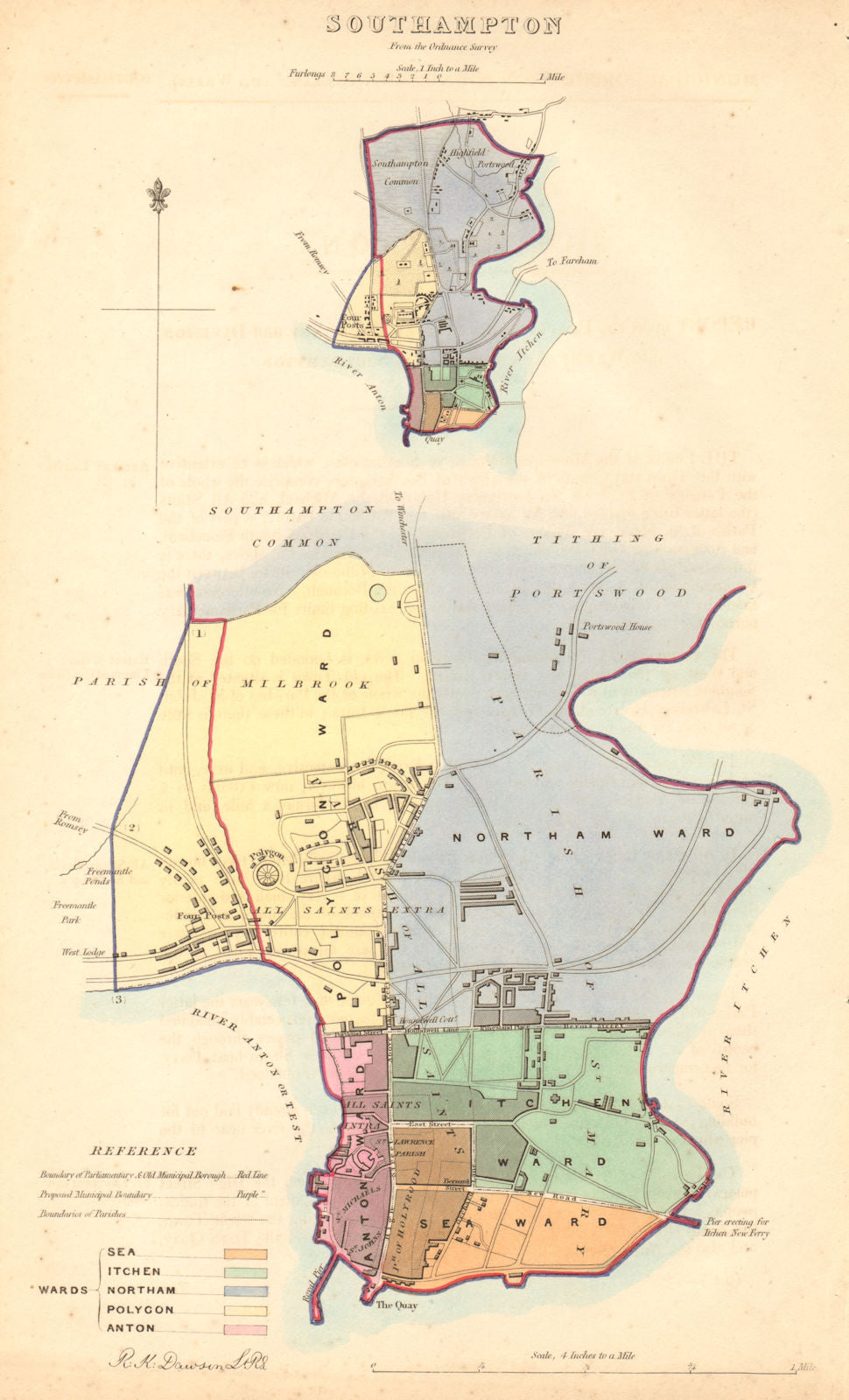 SOUTHAMPTON borough/town/city plan BOUNDARY COMMISSION Hampshire DAWSON 1837 map
