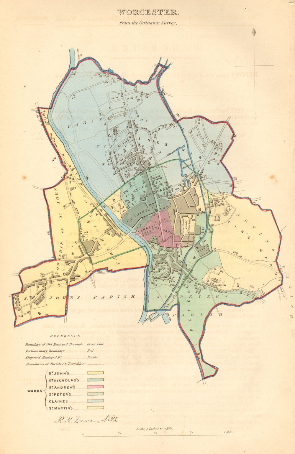 WORCESTER borough/town plan. BOUNDARY COMMISSION Worcestershire. DAWSON 1837 map