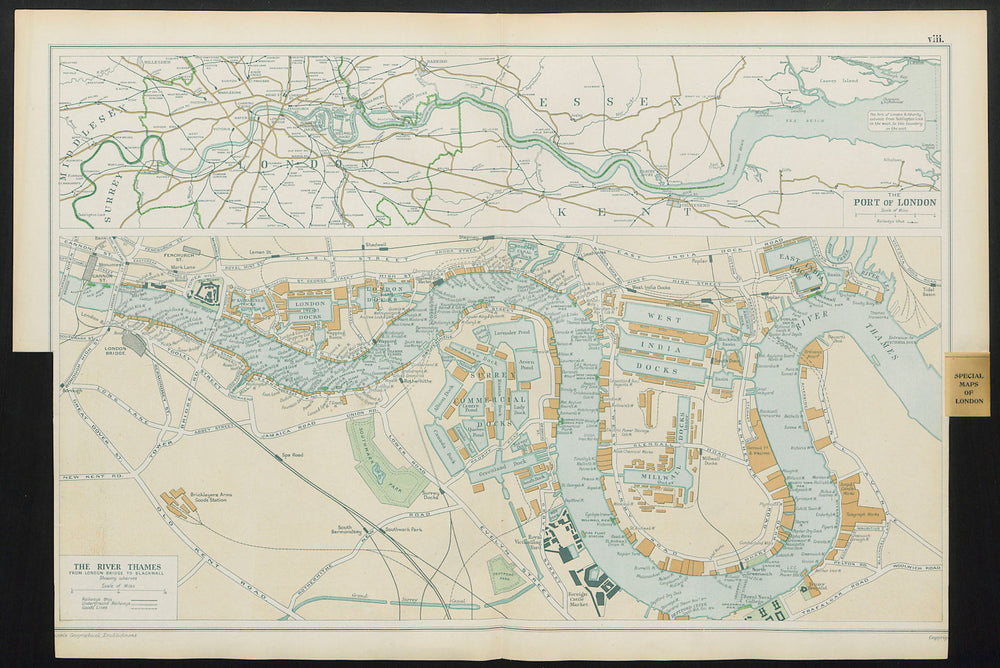THE PORT OF LONDON showing wharves & docks. Thames. Vintage map. BACON 1913