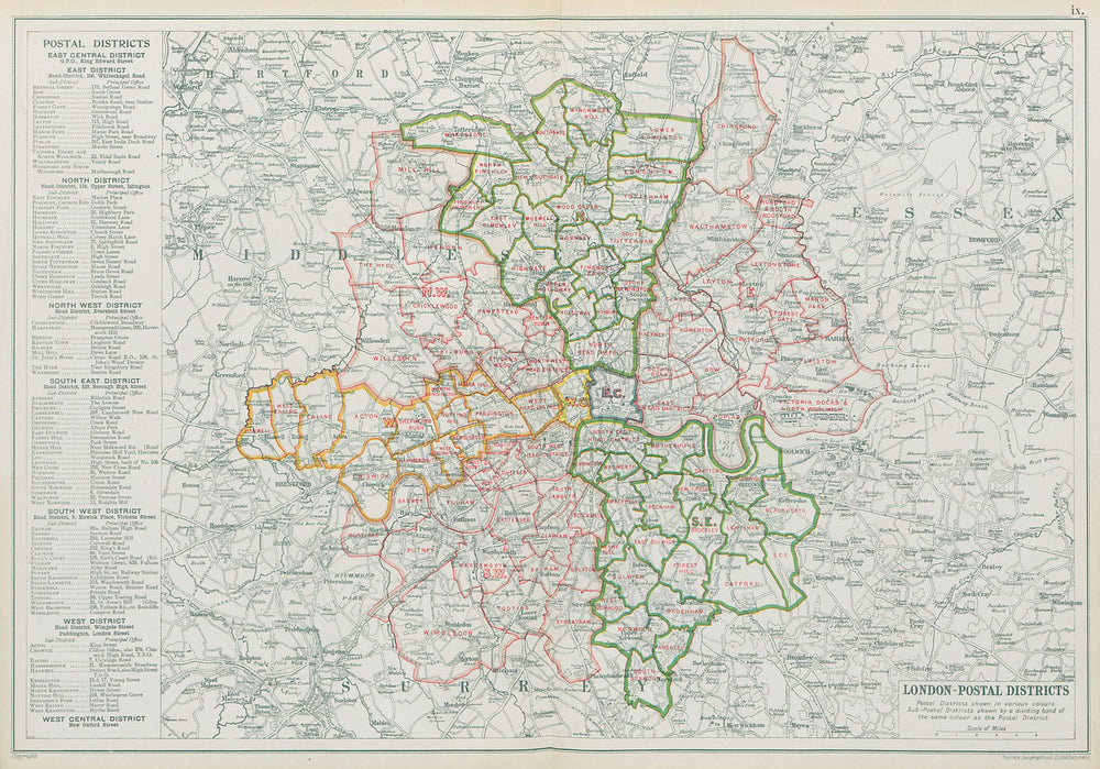 LONDON POSTAL DISTRICTS. Post code areas. N NW W SW SE E. BACON 1913 old map