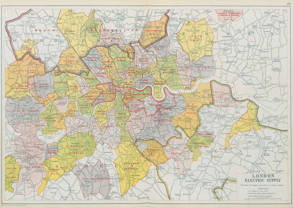 LONDON ELECTRICITY SUPPLY areas. Corporation. Metropolitan. BACON 1913 old map