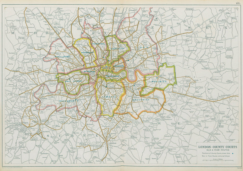 LONDON COUNTY COURTS + BUS & TRAM ROUTES. Vintage map. BACON 1913 old