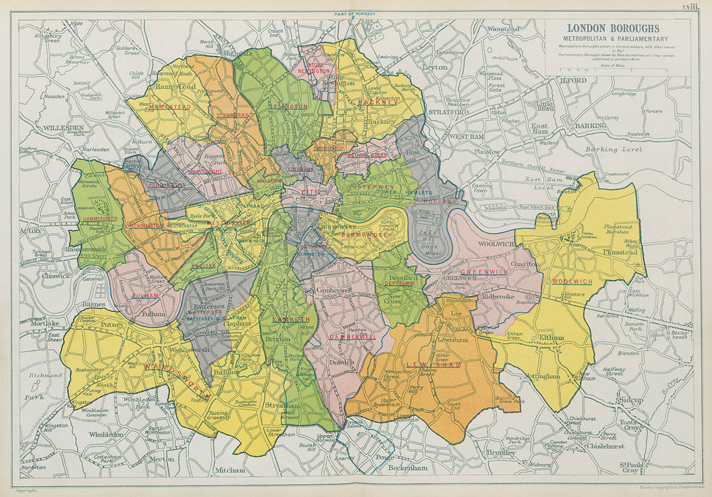 LONDON BOROUGHS. Metropolitan & Parliamentary. Constituencies. BACON 1913 map