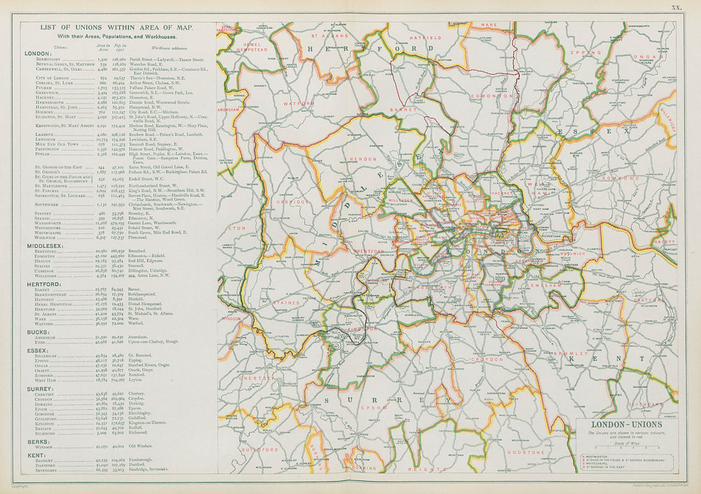 LONDON POOR LAW UNIONS. Workhouses. Populations. BACON 1913 old antique map
