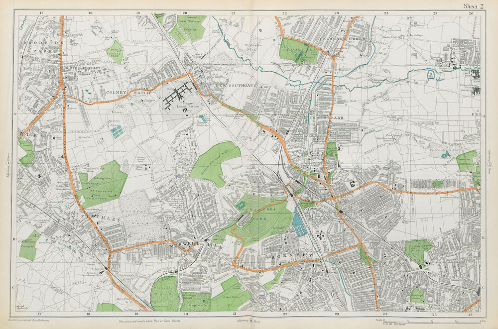 FRIERN BARNET/HORNSEY Palmers/Wood Green Southgate Muswell Hill. BACON  1913 map