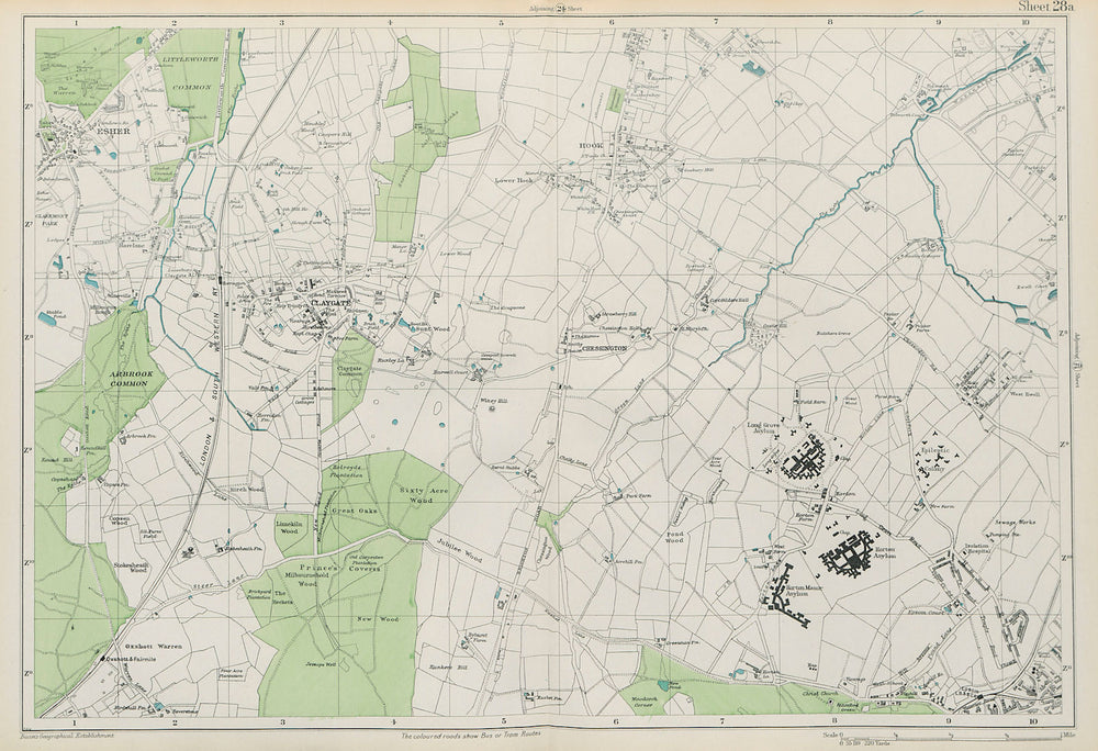 ESHER/EWELL Epsom Claygate Oxshott Hook Chessington Hinchley Wood.BACON 1913 map