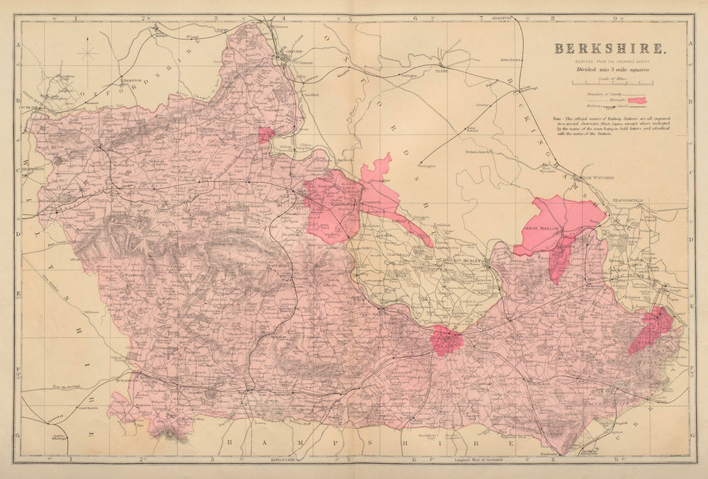 BERKSHIRE antique county map by GW BACON 1883 old plan chart
