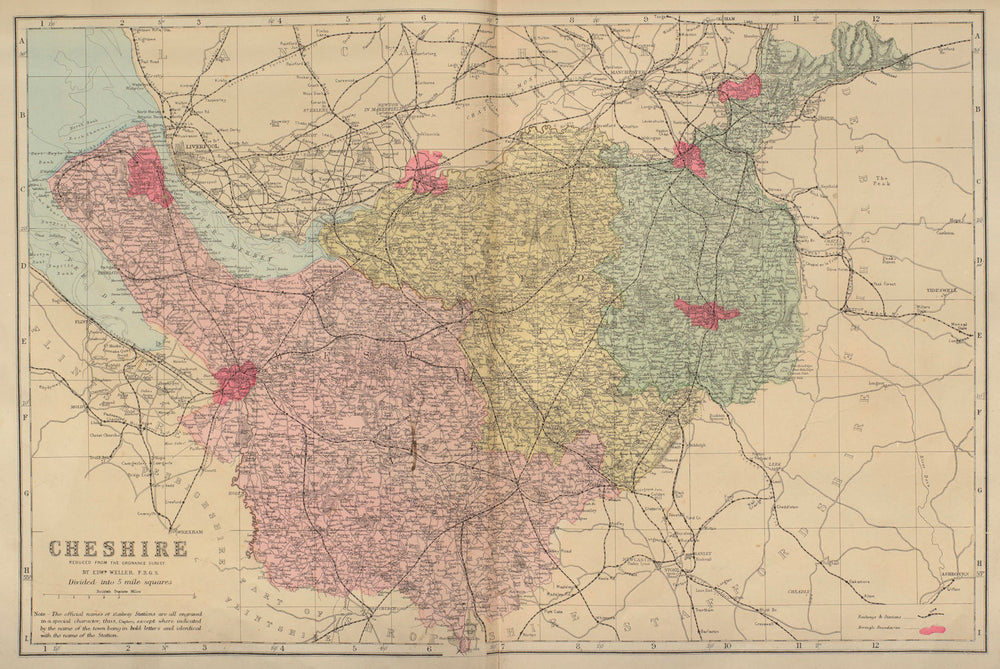 CHESHIRE antique county map by GW BACON 1883 old plan chart