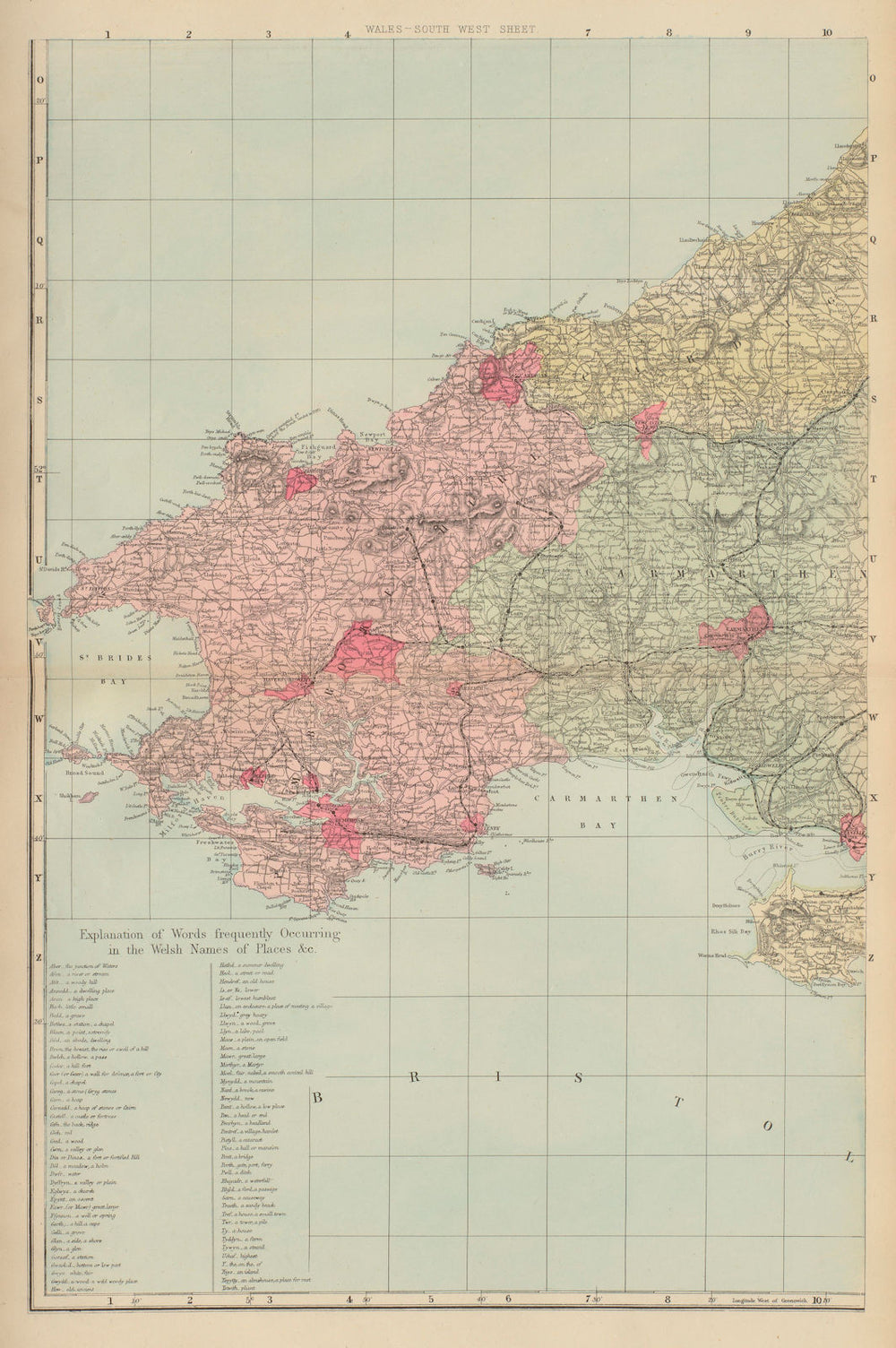 WALES (South West) Pembrokeshire Camarthenshire Dyfed GW BACON 1883 old map