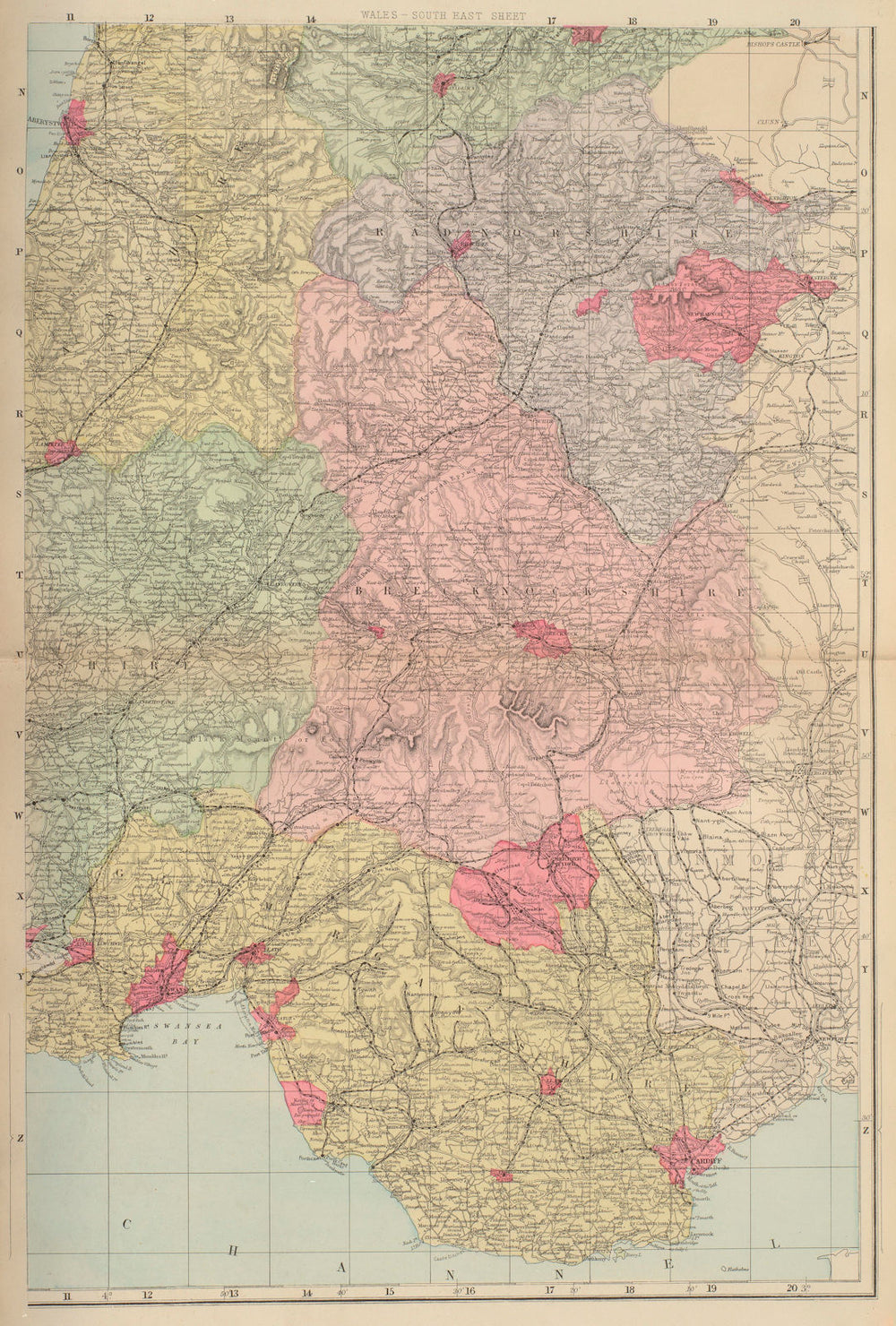 WALES (South East) Glamorgan Brecknock Radnorshire Powys GW BACON 1883 old map