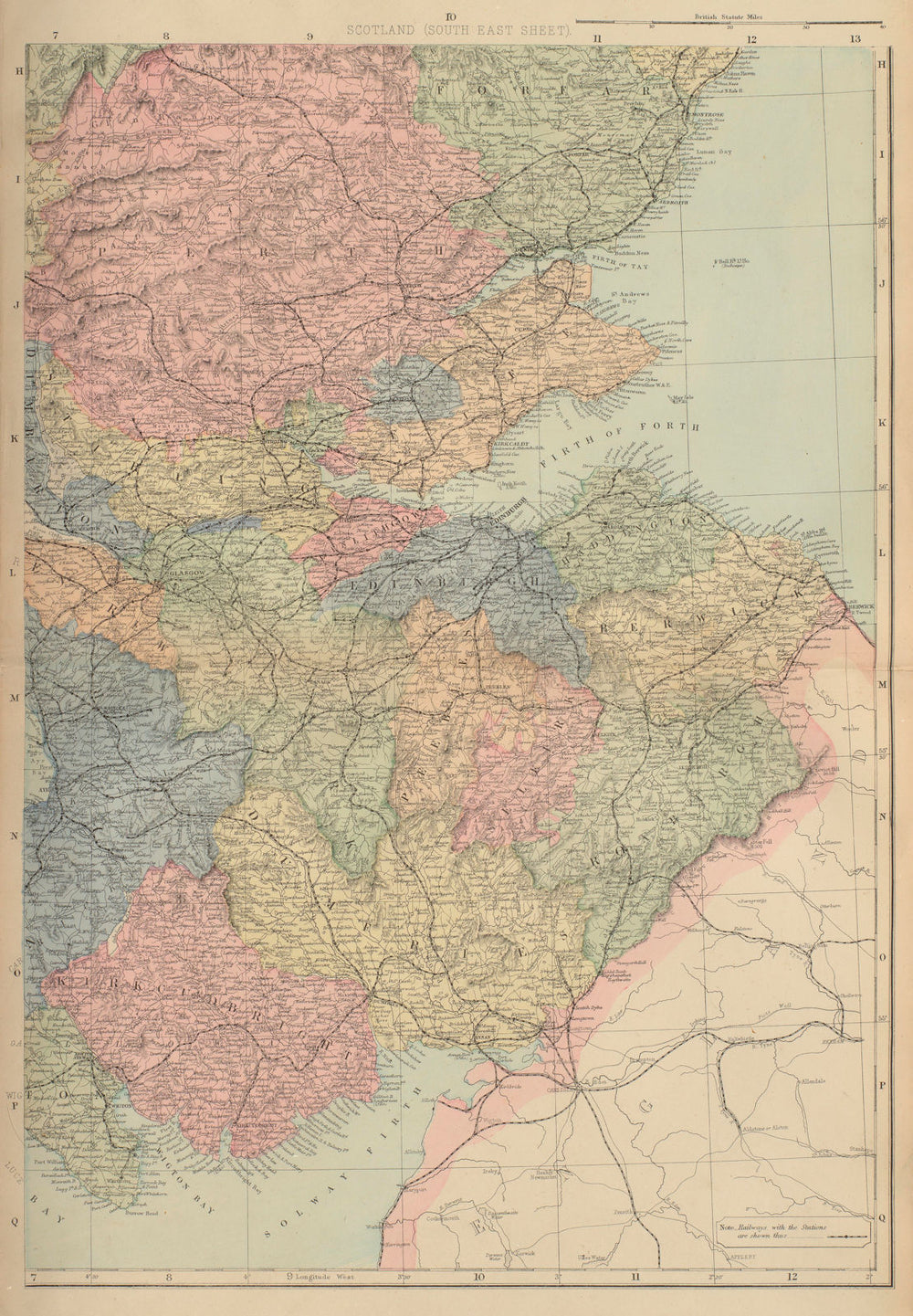 SCOTLAND (South East) Edinburgh Glasgow Perth Fife GW BACON 1883 old map