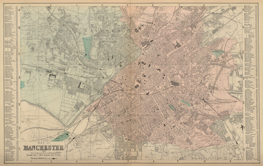 MANCHESTER Salford Old Trafford Hulme town city plan GW BACON 1883 map