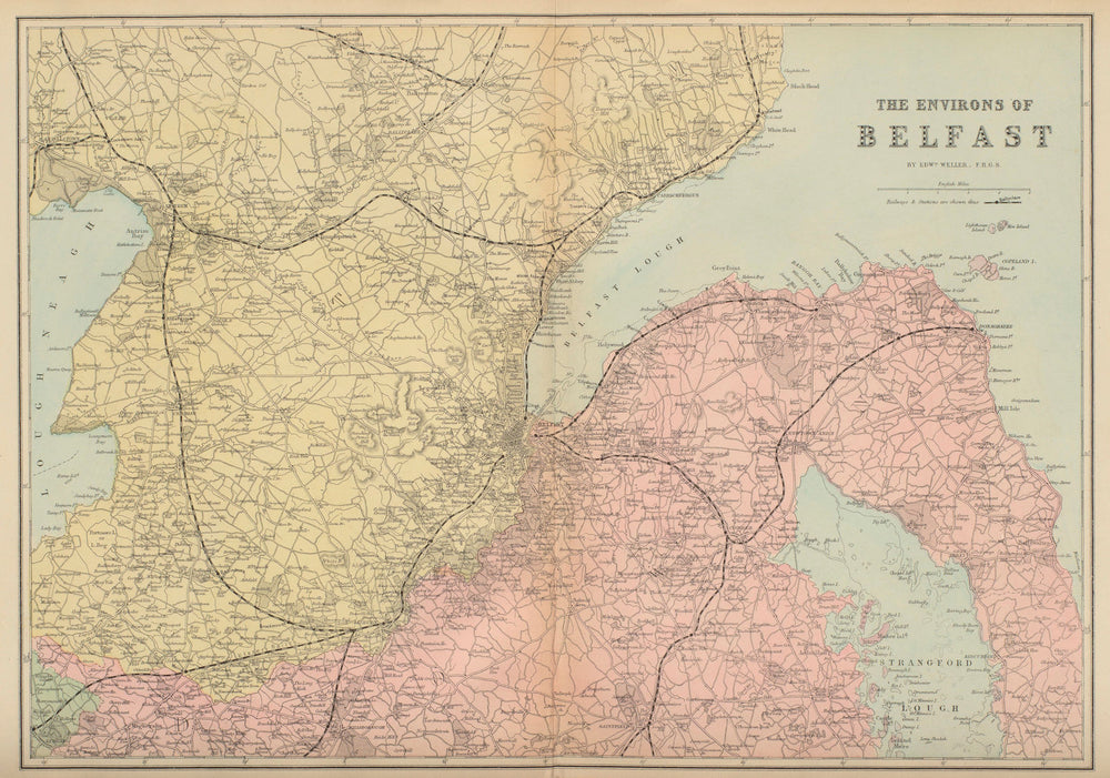 BELFAST & ENVIRONS Lisburn Antrim Bangor antique map by GW BACON 1883 old