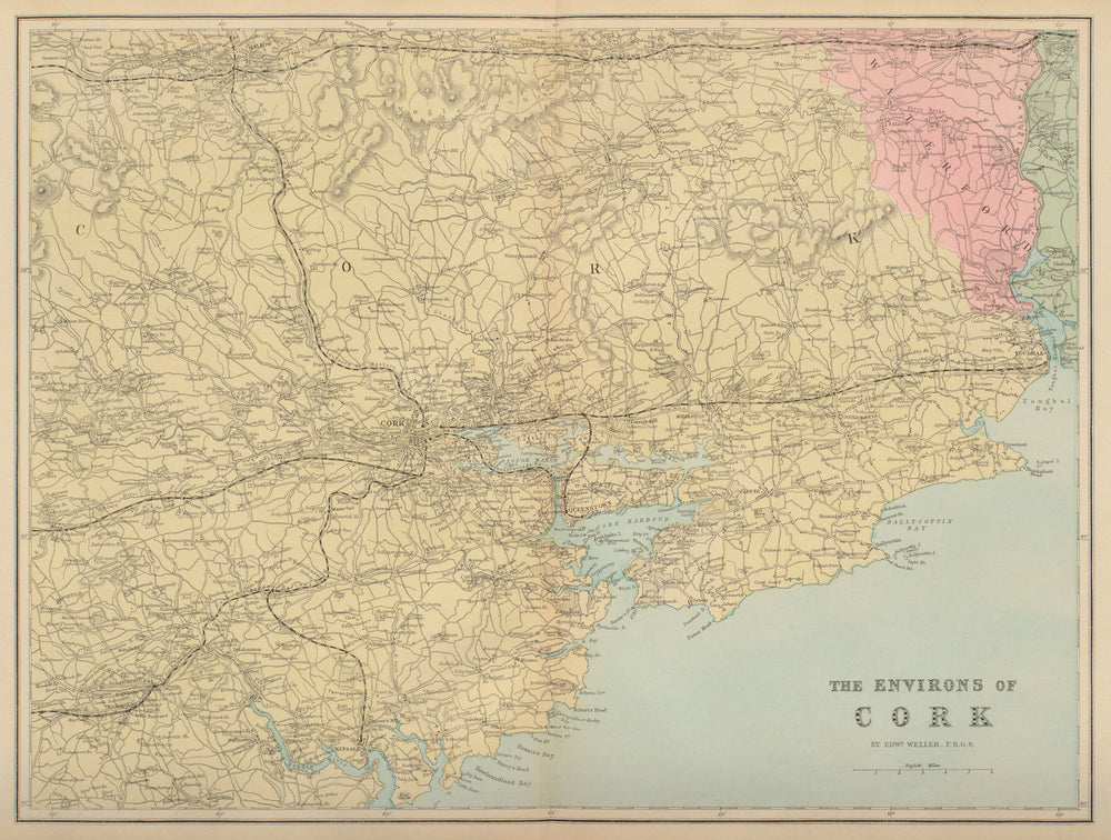 CORK & ENVIRONS Cobh Youghal Mallow Bandon antique map by GW BACON 1883