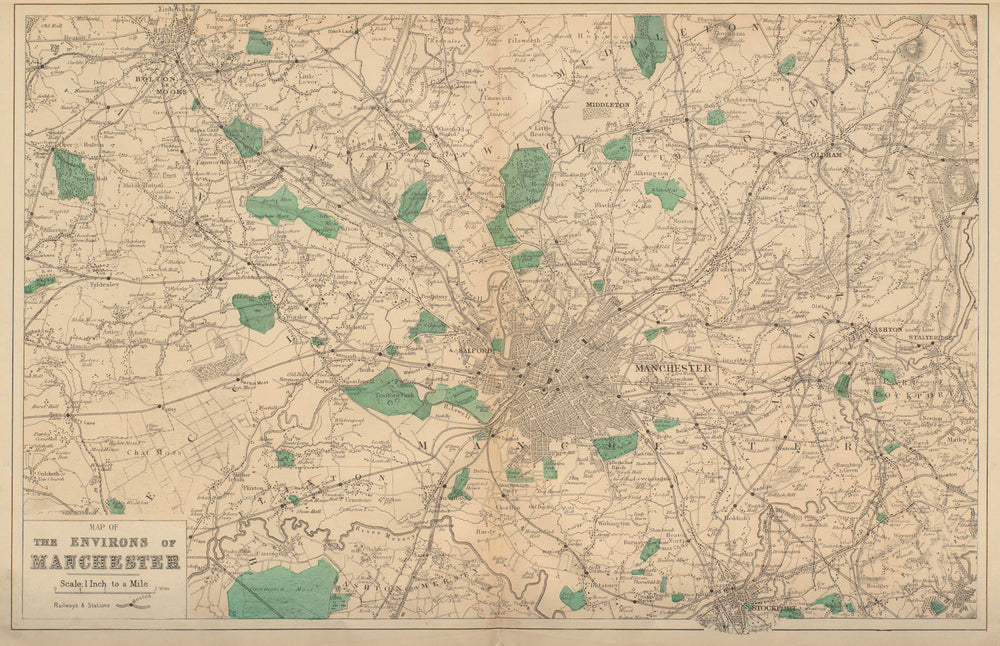 MANCHESTER & ENVIRONS Bolton Stockport Oldham antique map by GW BACON 1883