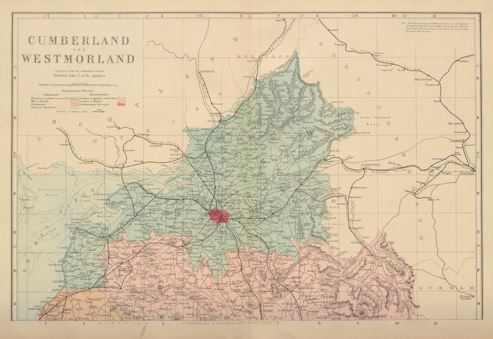 CUMBRIA & WESTMORLAND (North sheet) antique county map by GW BACON 1885