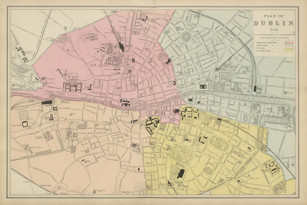 DUBLIN antique town city plan by GW BACON Ireland 1885 old map chart