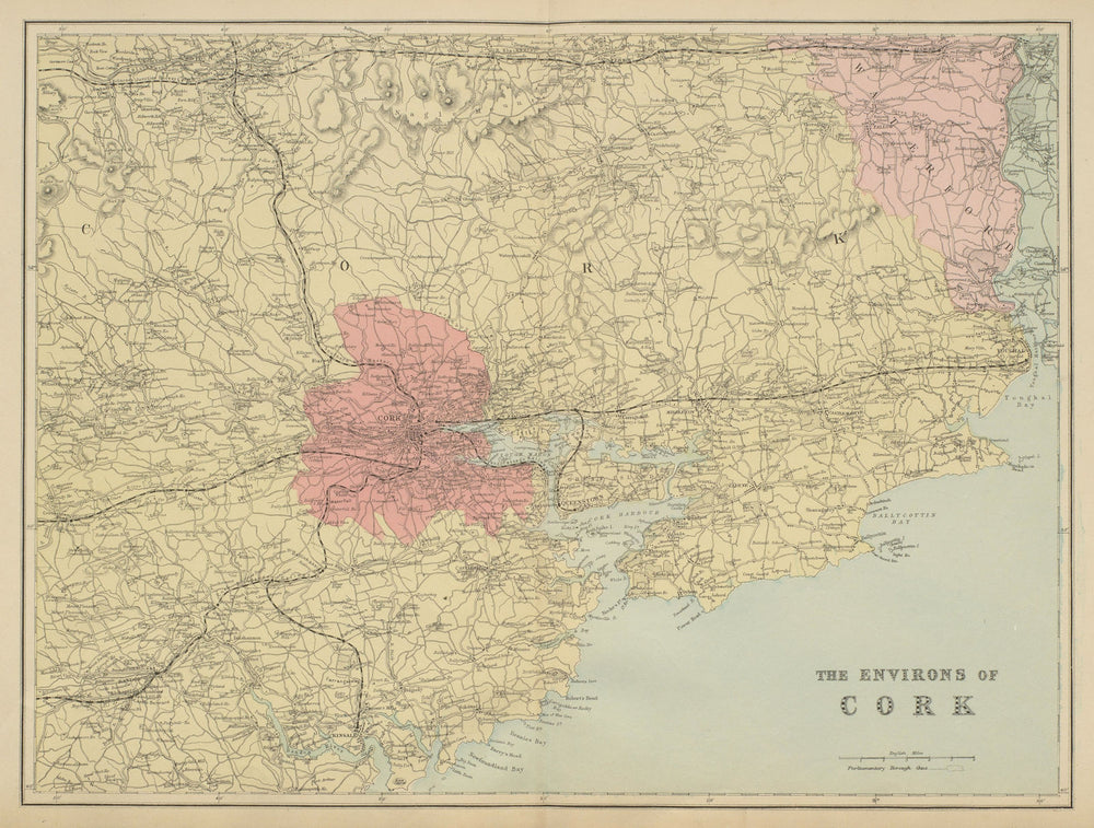 CORK & ENVIRONS Cobh Youghal Mallow Bandon antique map by GW BACON 1885
