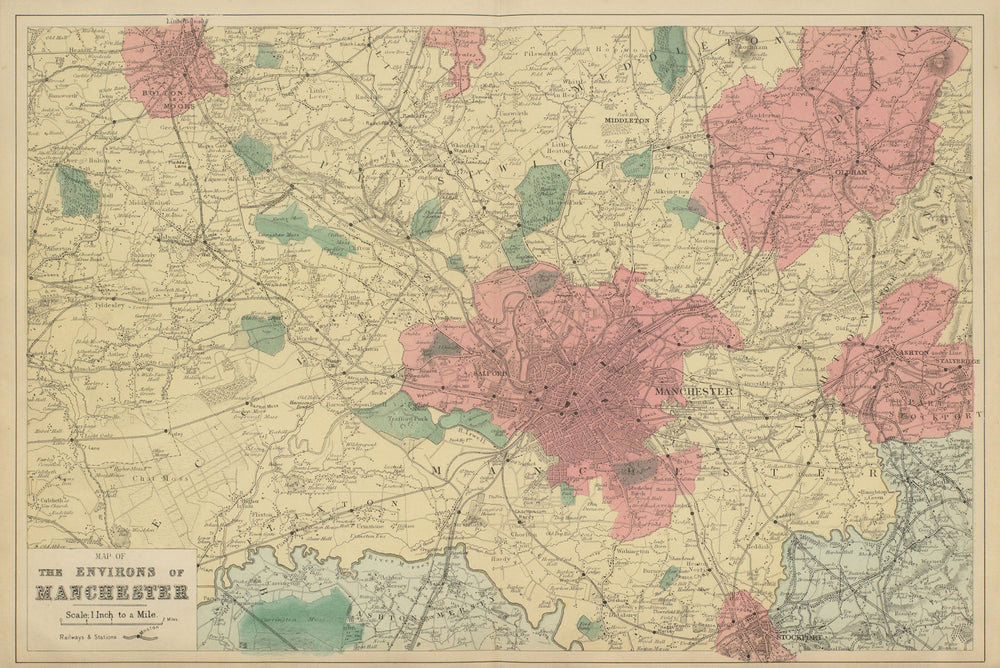 MANCHESTER & ENVIRONS Bolton Stockport Oldham antique map by GW BACON 1885