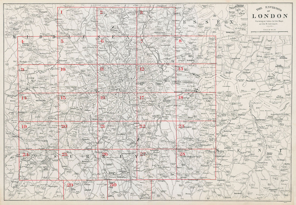 THE ENVIRONS OF LONDON. Index map. Main roads. BACON 1906 old antique