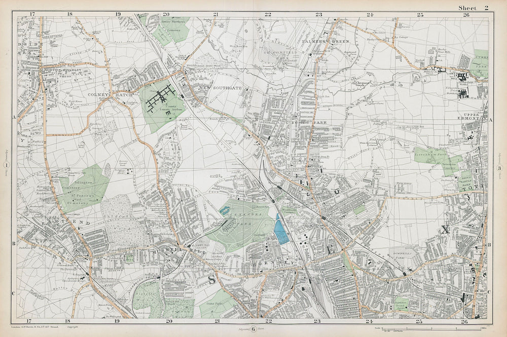 FRIERN BARNET/HORNSEY Palmers/Wood Green Southgate Muswell Hill. BACON  1906 map