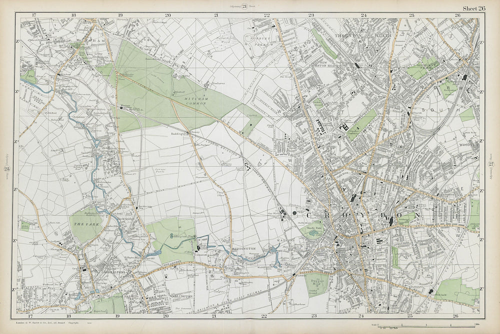 CROYDON Mitcham Carshalton Wallington Thornton Heath Beddington. BACON  1906 map
