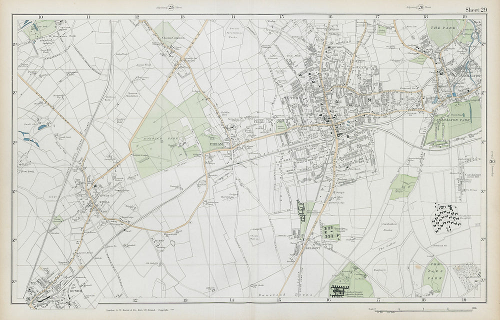 SUTTON Cheam Epsom Belmont Carshalton Ewell Banstead Downs. BACON  1906 map