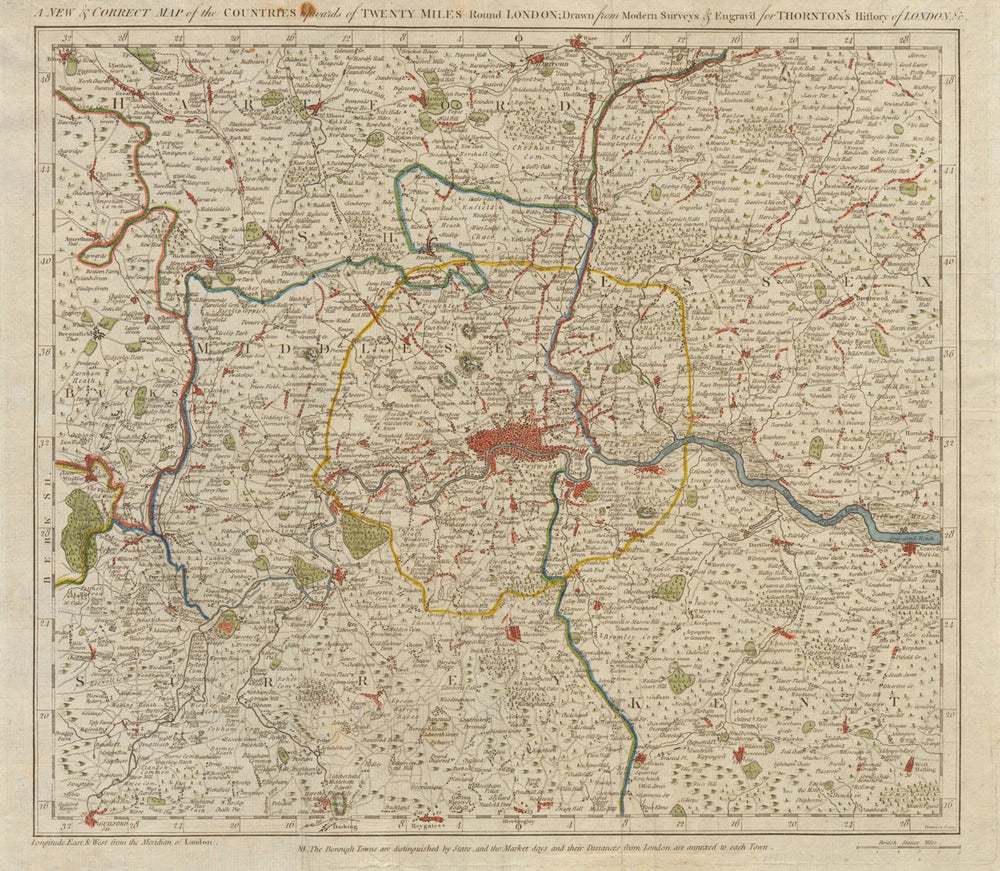 A new and correct map of the countries… 20 miles round London. THORNTON 1784