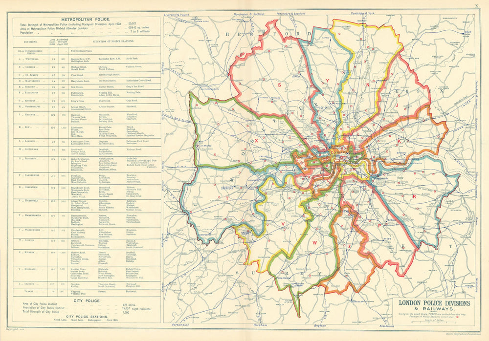 LONDON POLICE DIVISIONS & RAILWAYS showing Police stations. BACON 1923 old map