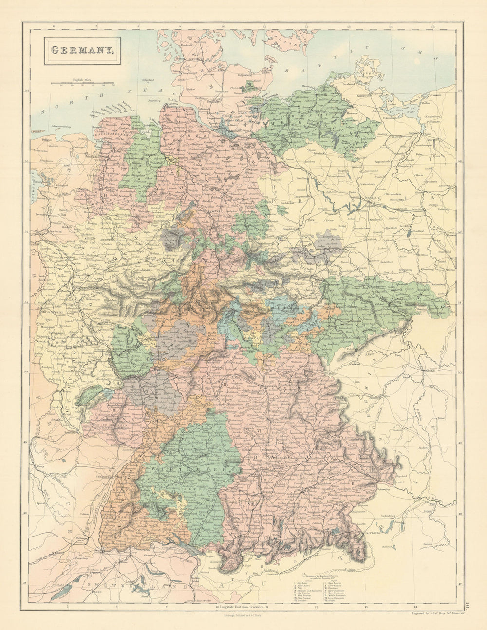Germany showing states by SIDNEY HALL 1862 old antique vintage map plan chart