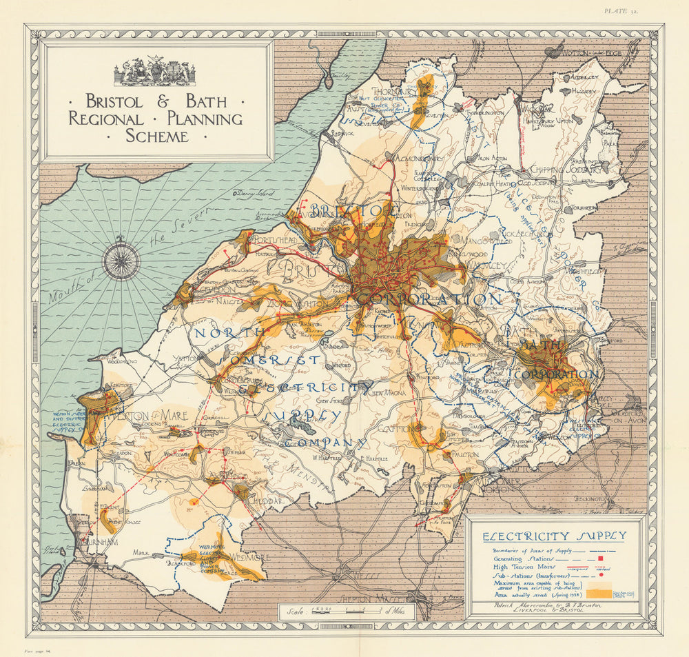 Electricity Supply in 1928. Bristol & Bath Regional Plan. ABERCROMBIE 1930 map