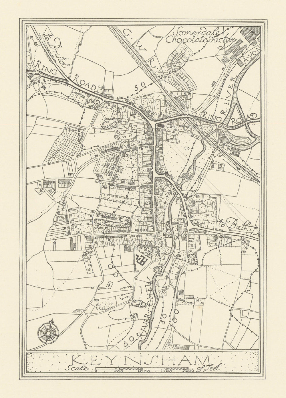 Town plan of Keynsham by Patrick Abercrombie. Somerset 1930 old vintage map