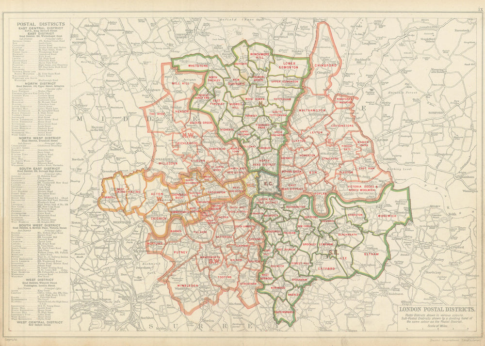 LONDON POSTAL DISTRICTS. Post code areas. N NW W SW SE E. BACON 1913 old map