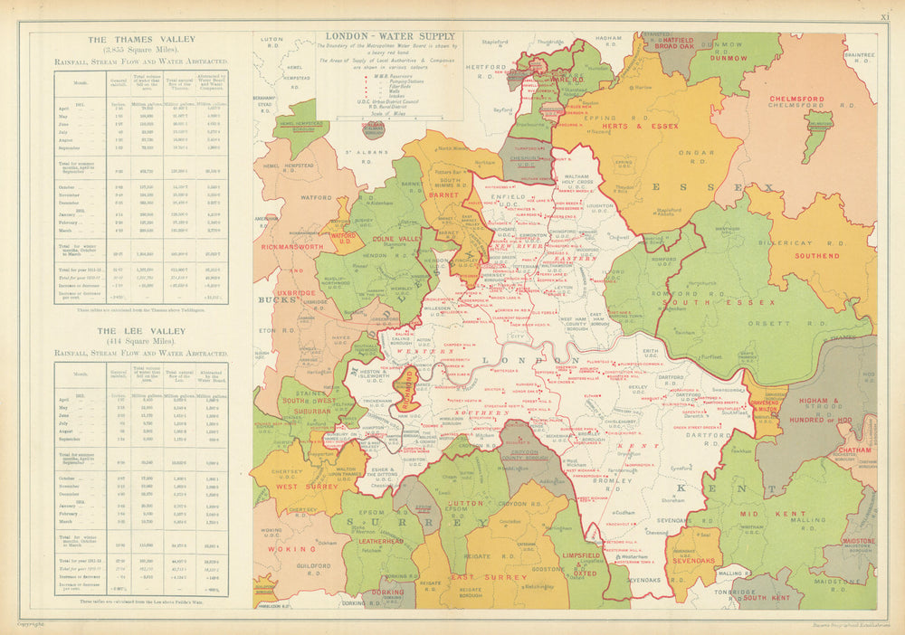 LONDON WATER SUPPLY. Metropolitan Water Board. Reservoirs Pumping Stns 1913 map