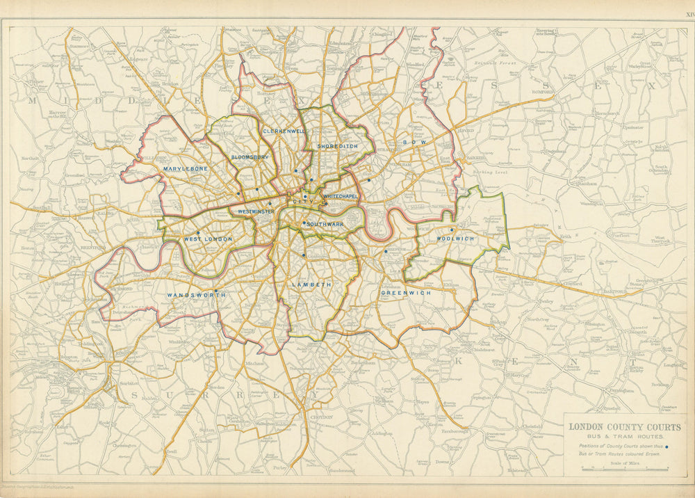 LONDON COUNTY COURTS + BUS & TRAM ROUTES. Vintage map. BACON 1913 old