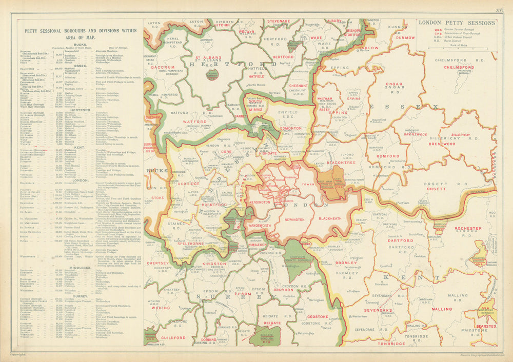 LONDON PETTY SESSIONS/sessional boroughs/divisions. Law. Courts. BACON 1913 map