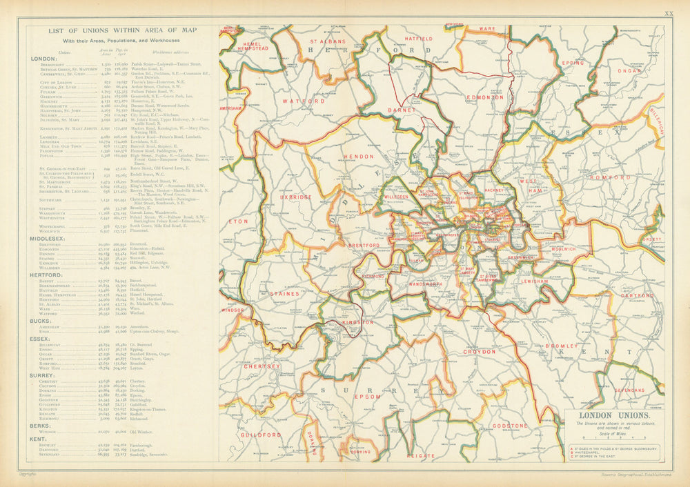 LONDON POOR LAW UNIONS. Workhouses. Populations. BACON 1913 old antique map