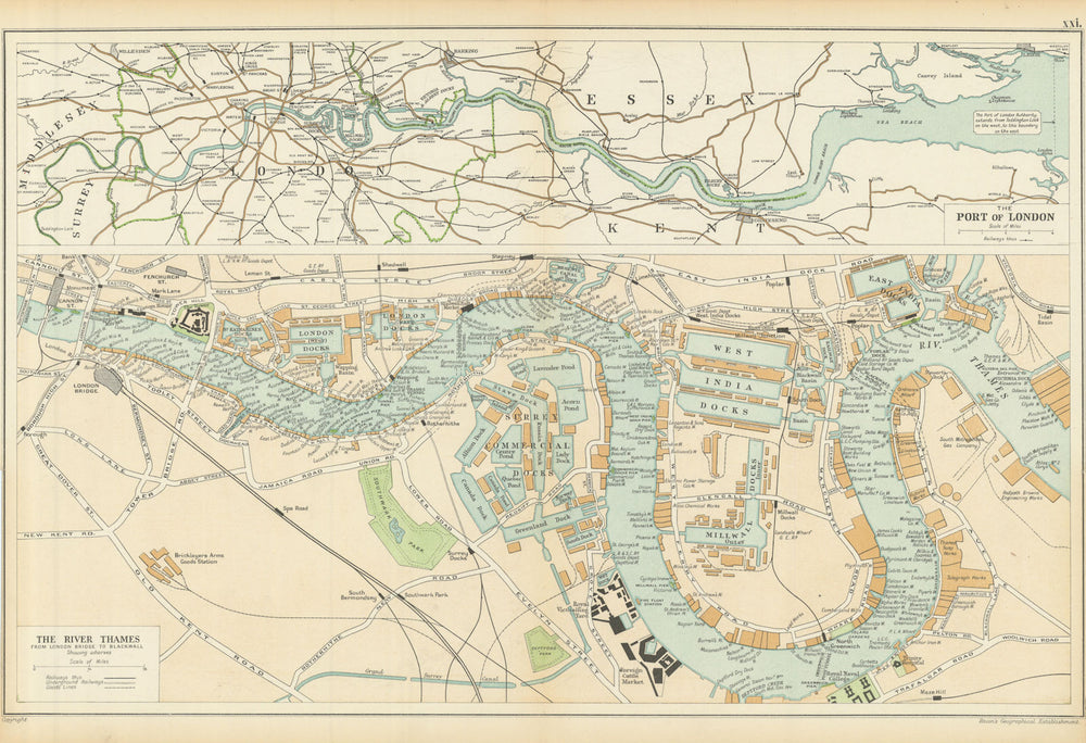 THE PORT OF LONDON showing wharves & docks. Thames. Vintage map. BACON 1913