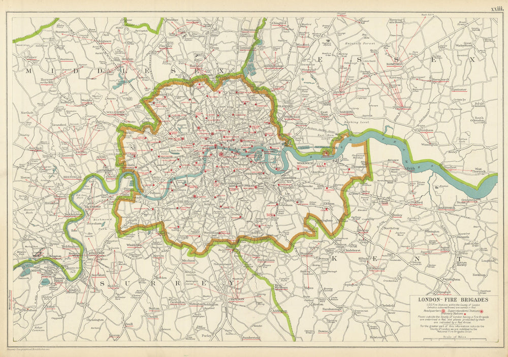 LONDON FIRE BRIGADE. Showing Fire Brigade Stations. Vintage map. BACON 1913