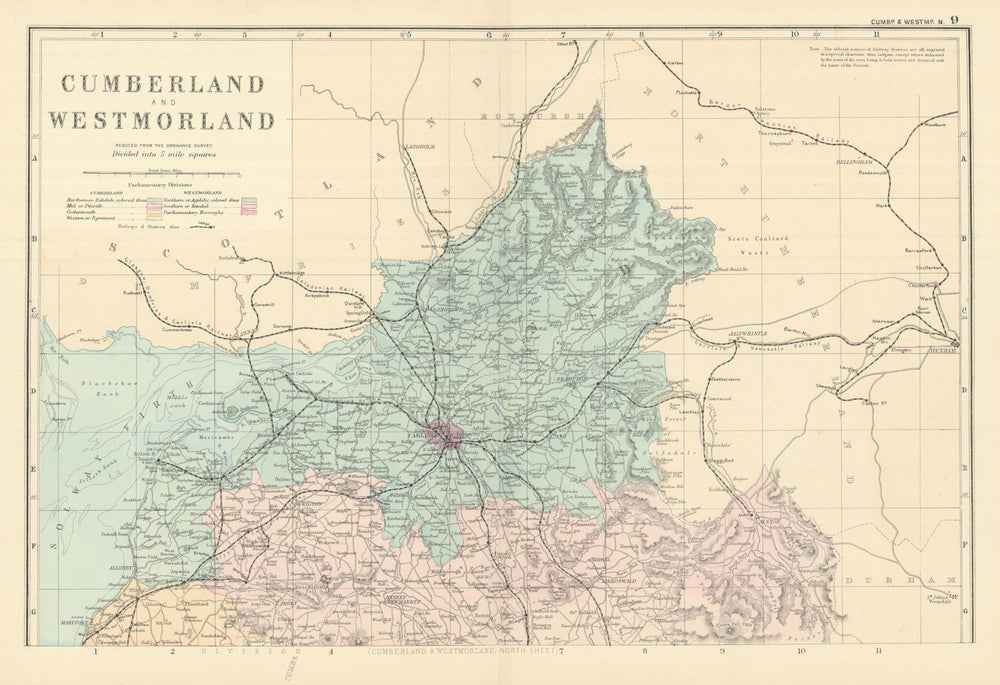 CUMBRIA & WESTMORLAND (North sheet) antique county map by GW BACON 1891