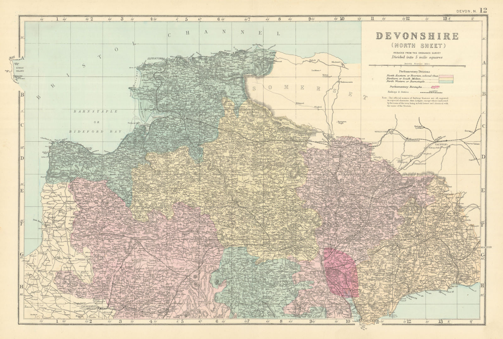 DEVON (North) antique county map by GW BACON 1891 old plan chart ...