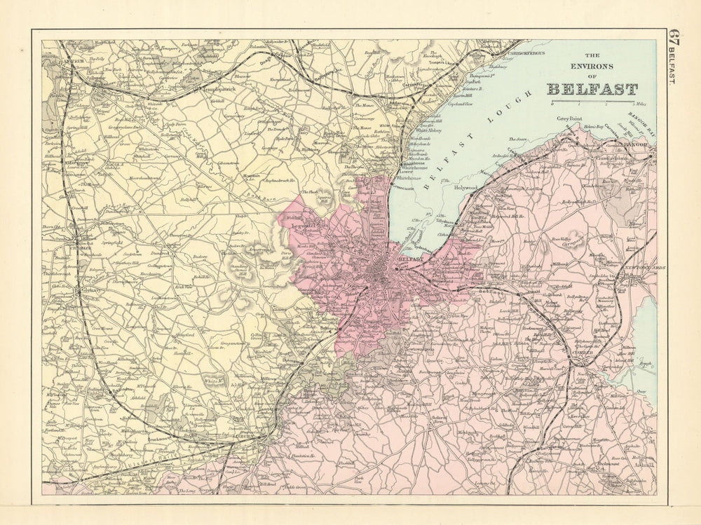 BELFAST & ENVIRONS Lisburn Antrim Carrickfergus antique map by GW BACON 1891
