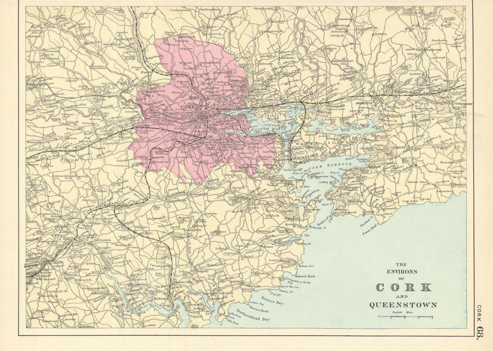 CORK & ENVIRONS Cobh Kinsale Bandon Castlemaine antique map by GW BACON 1891