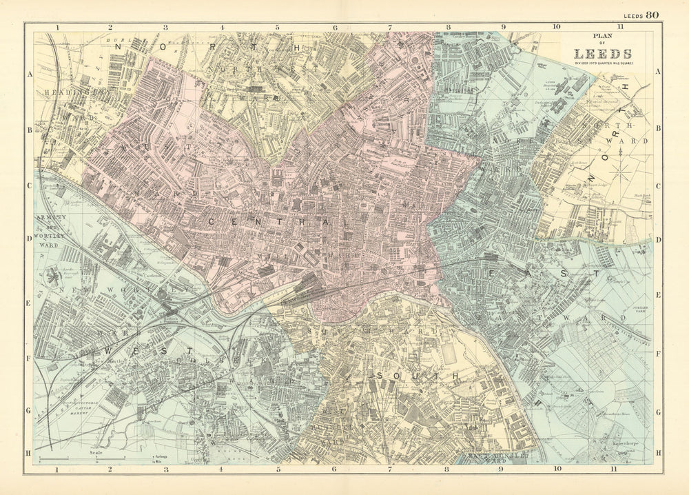 LEEDS Holbeck Wortley Headingley Brunswick Hunslet town city plan BACON 1891 map
