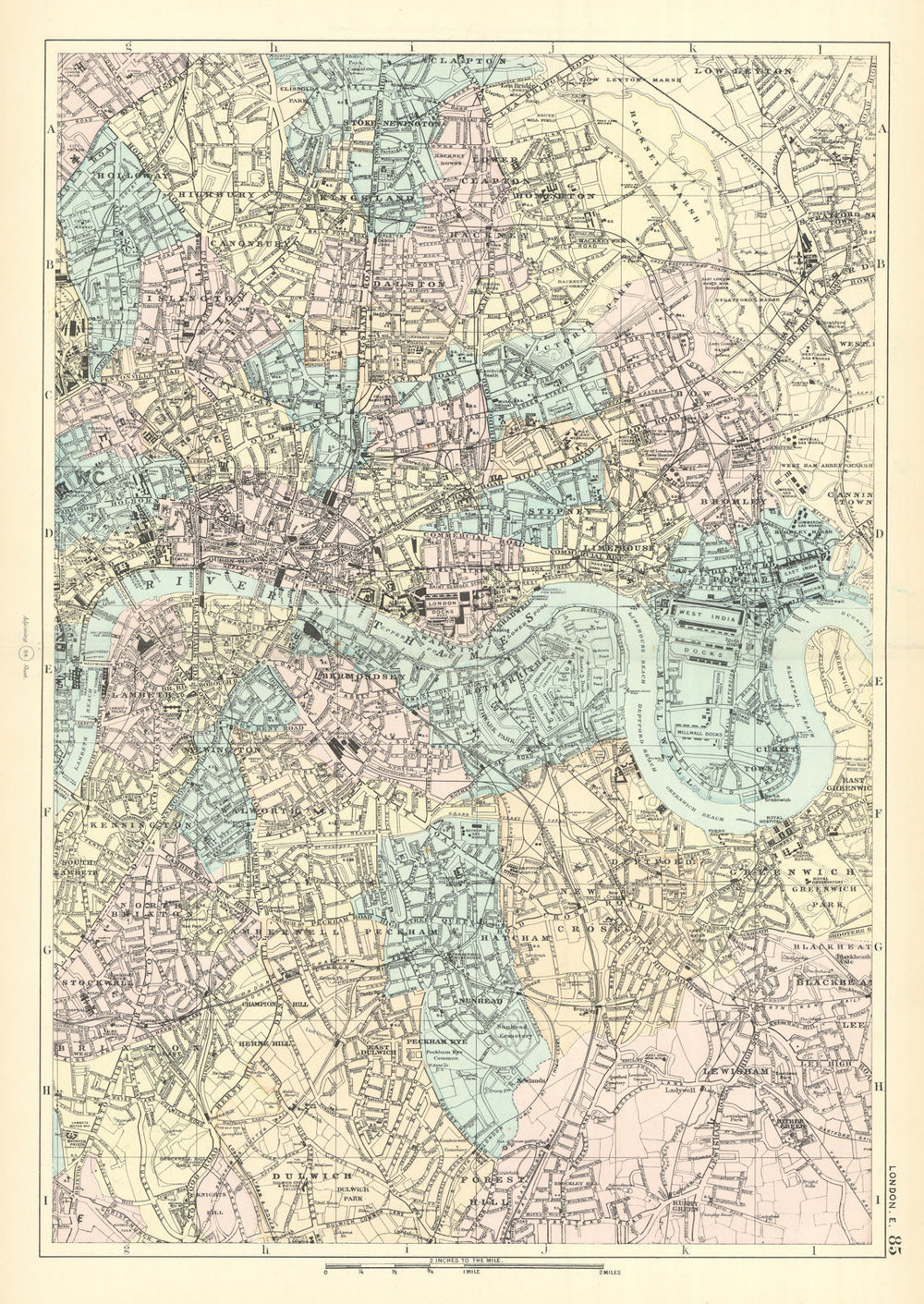 EAST LONDON Tower Hamlets Southwark Lewisham Hackney City plan BACON 1891 map