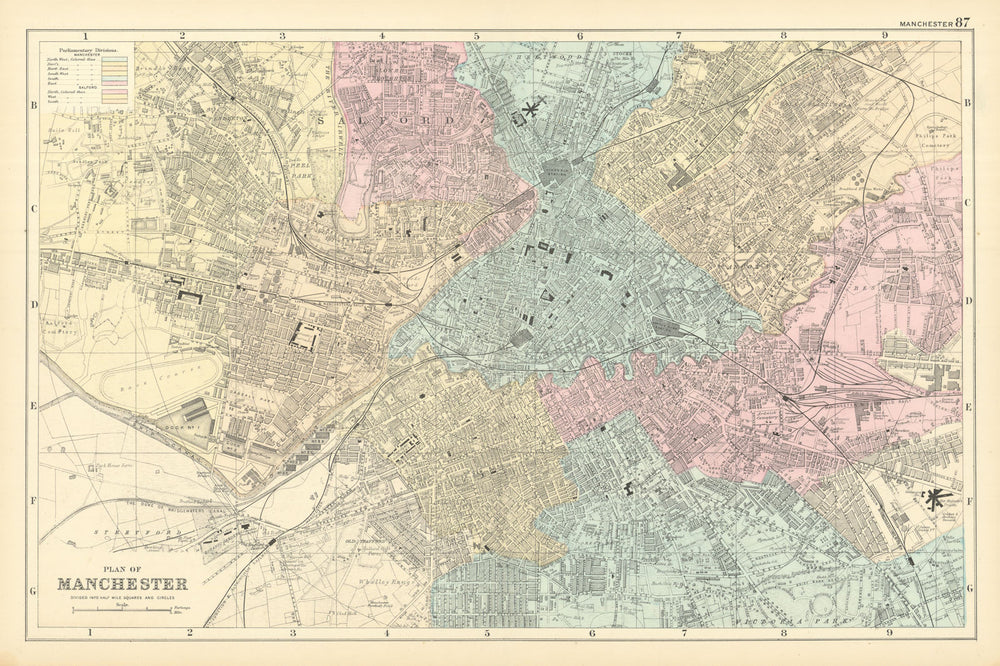 MANCHESTER Salford Trafford antique town city plan GW BACON 1891 old map